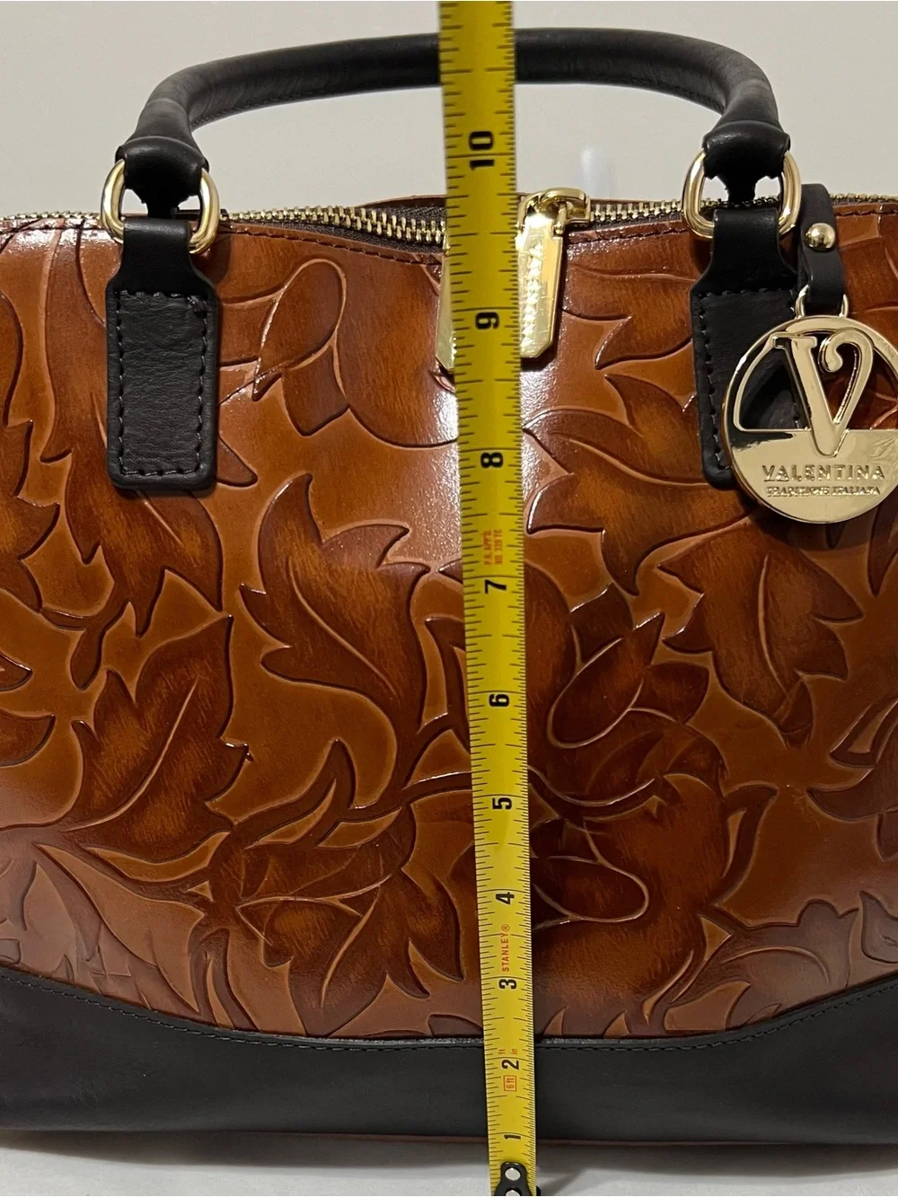 Valentina Italian Leather Cognac Embossed Floral Top Handle Satchel Bag